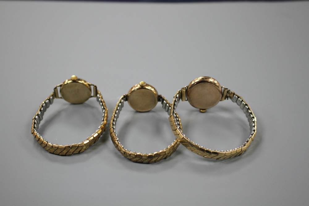 A ladys 9ct gold Rolex manual wind wrist watch and two other ladys 9ct gold manual wind wrist watches including Accurist